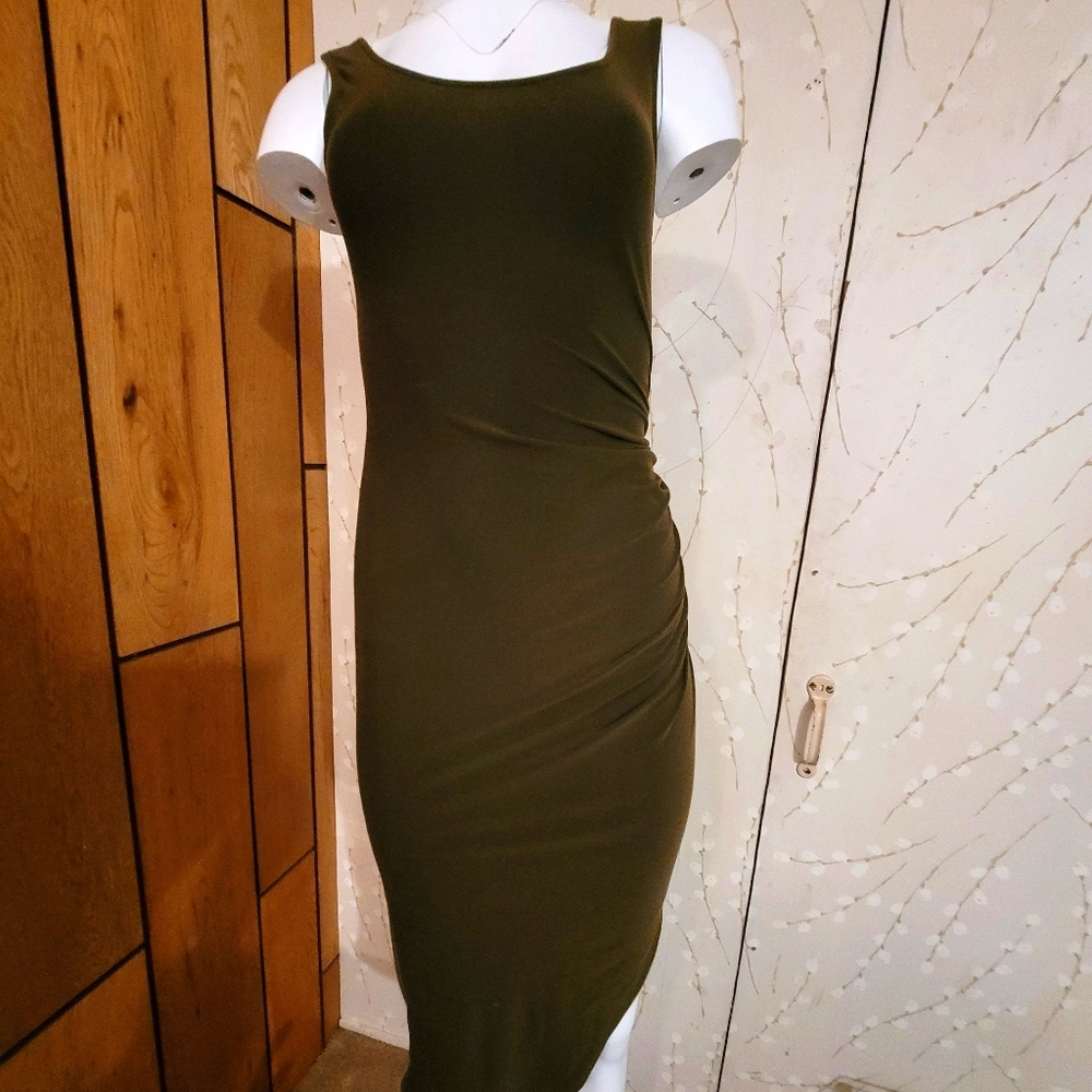 Olive green tight dress with a slant
